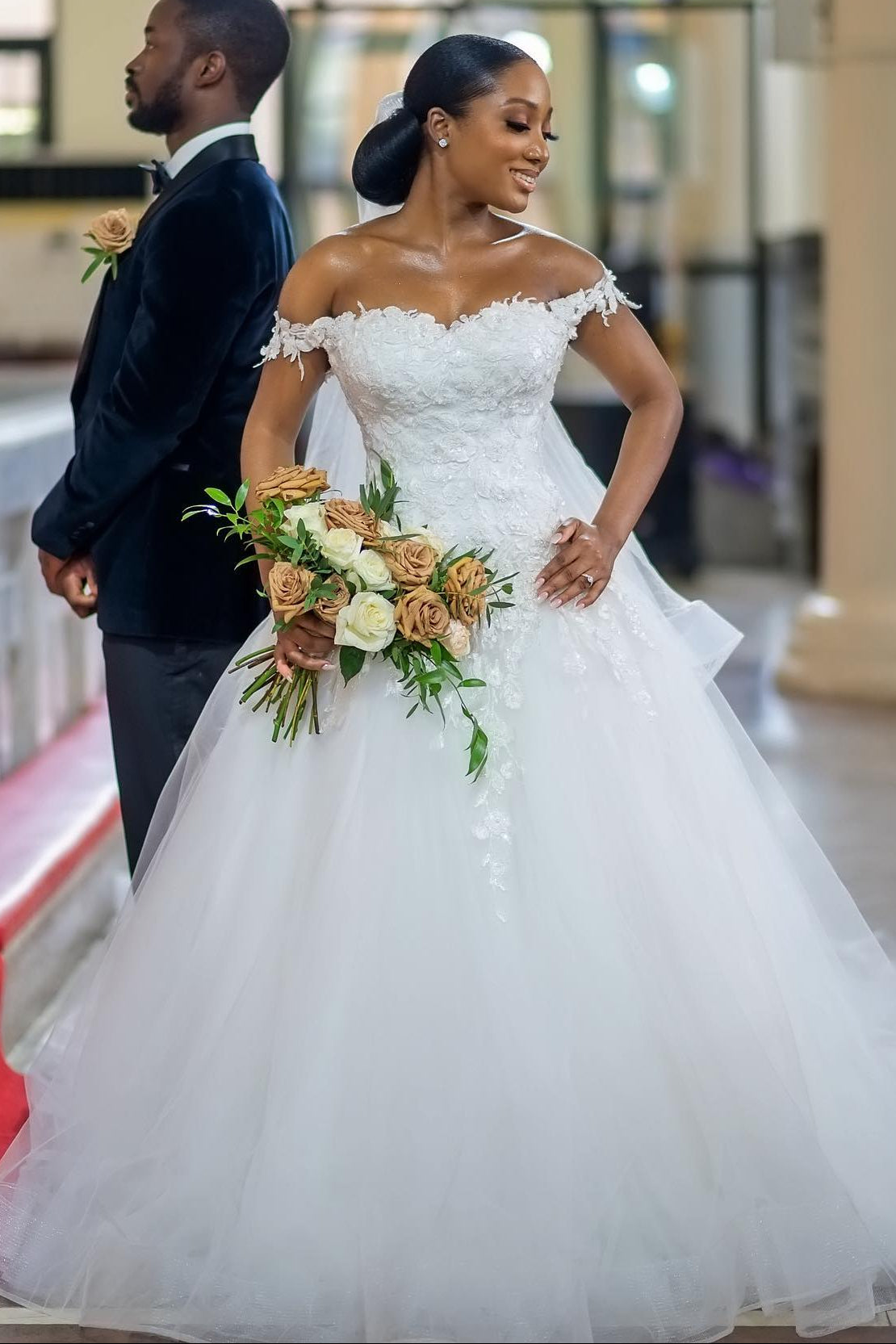 Off-the-Shoulder Lace Applique Ball Gown Wedding Dress