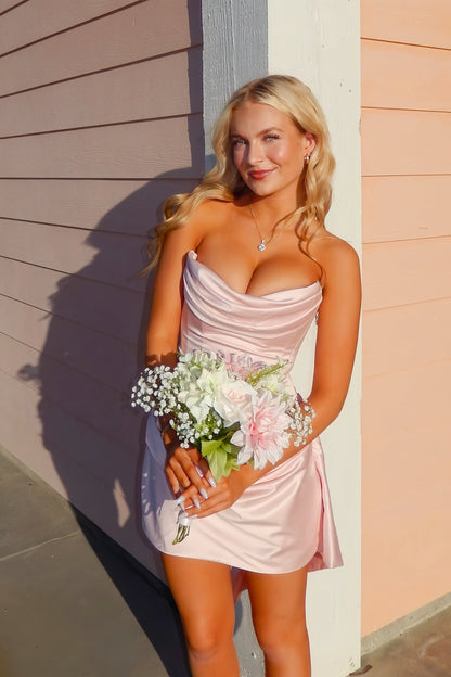 Strapless Cowl Neck Satin Bodycon Mini Dress