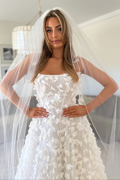 3D Floral Lace A-Line Wedding Dress with Veil