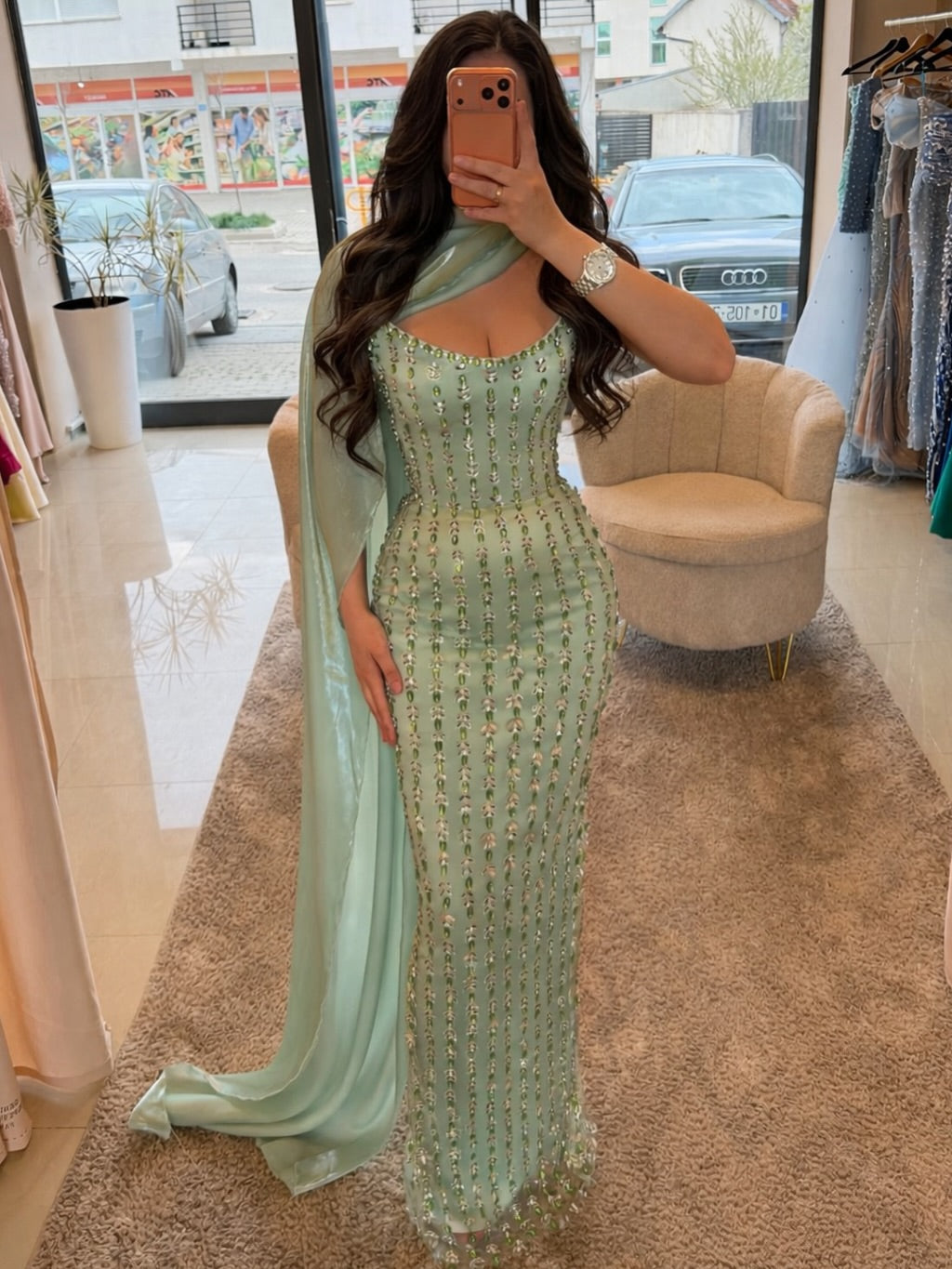 Beaded Column Evening Gown with Draped Cape