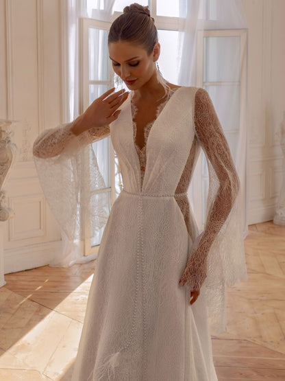 Deep V Lace Bell Sleeve Wedding Dress