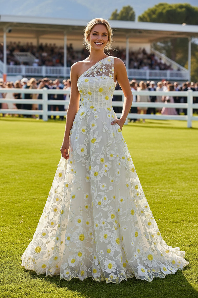 One-Shoulder Floral 3D Applique Gown with Pockets