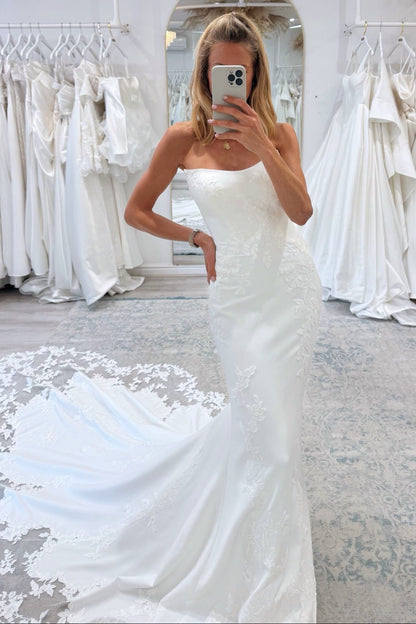 Strapless Crepe Mermaid Wedding Dress with Lace Train