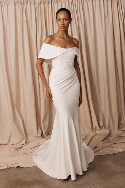 Off-the-Shoulder Ruched Crepe Mermaid Wedding Dress