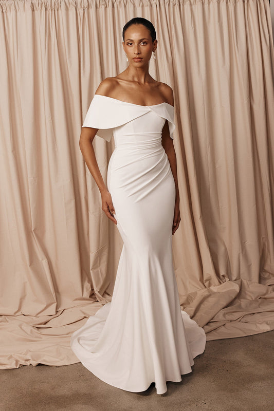 Off-the-Shoulder Ruched Crepe Mermaid Wedding Dress