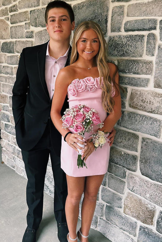 Strapless Bodycon Mini Dress with 3D Flowers