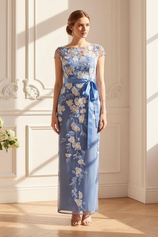 Floral Embroidered Bateau Neck Column Gown