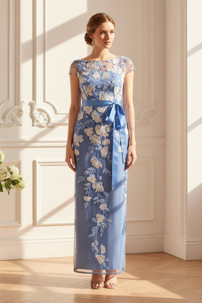Floral Embroidered Bateau Neck Column Gown