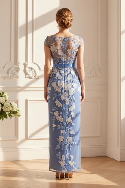 Floral Embroidered Bateau Neck Column Gown