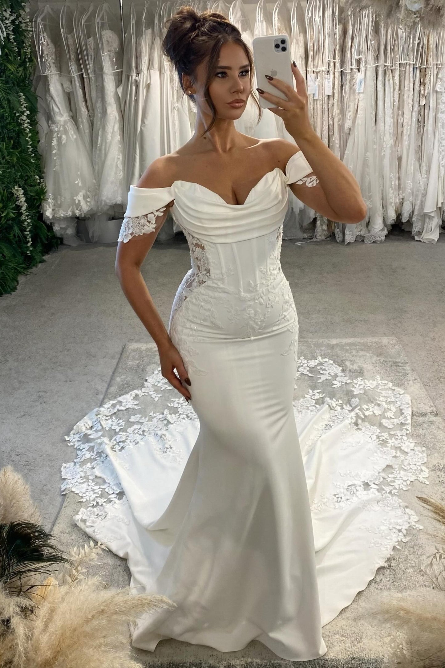 Off-Shoulder Mermaid Wedding Dress with Cathedral Train