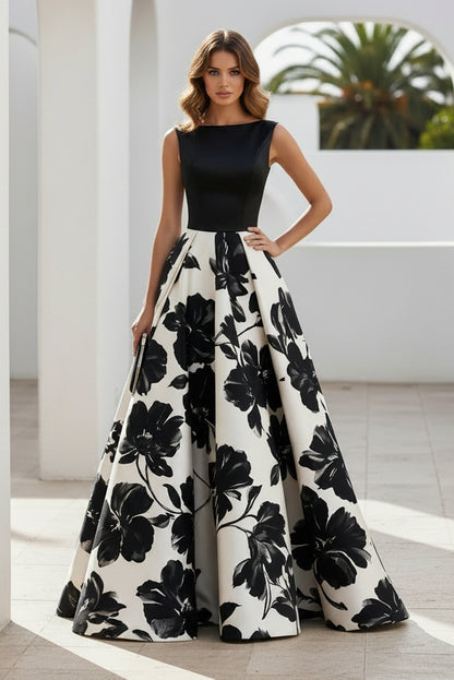 Sleeveless Floral Print A-Line Evening Gown