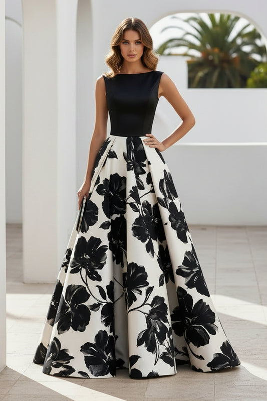 Sleeveless Floral Print A-Line Evening Gown