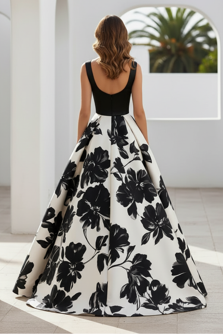 Sleeveless Floral Print A-Line Evening Gown