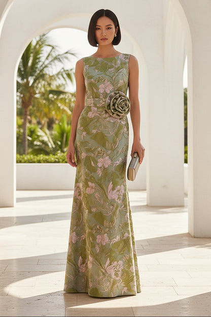 Sleeveless Floral Jacquard Gown with 3D Flower Detail