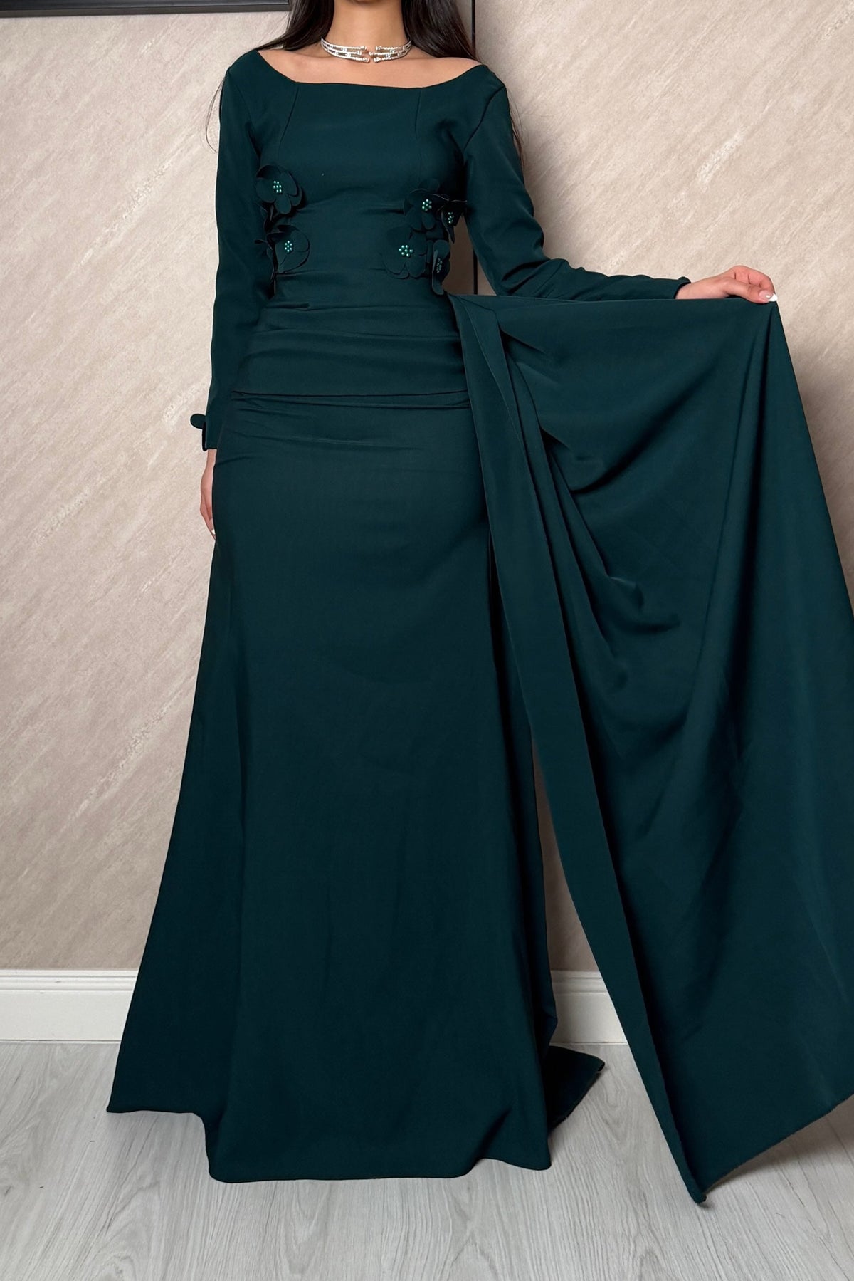 Long Sleeve Maxi Dress with Draped Side Train