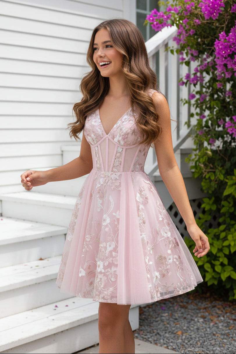 Embroidered Corset V-Neck A-Line Short Dress