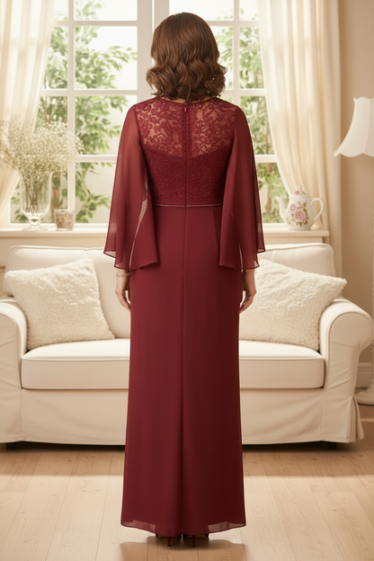 Scalloped Lace Cape-Sleeve Floor-Length Evening Gown