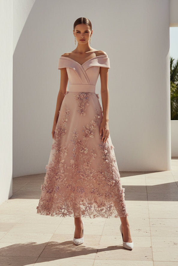 Off-the-Shoulder 3D Floral A-Line Tea-Length Dress