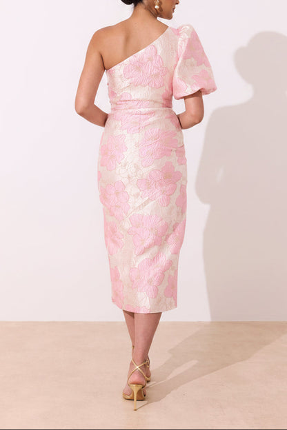 One-Shoulder Floral Jacquard Midi Dress