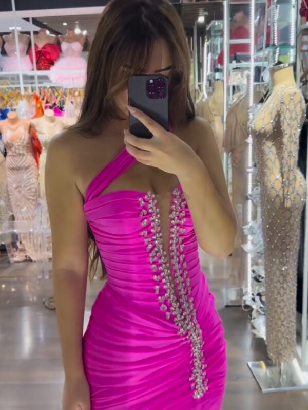 One-Shoulder Ruched Mini Dress with Crystal Trim
