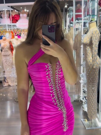 One-Shoulder Ruched Mini Dress with Crystal Trim
