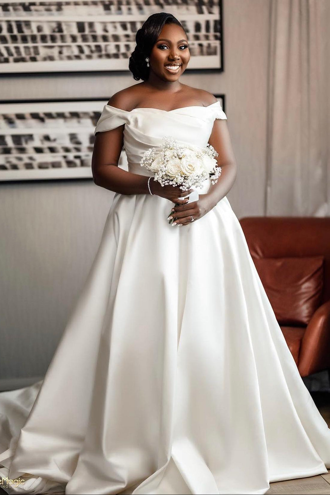 Off-the-Shoulder Pleated Satin Ball Gown Wedding Dress