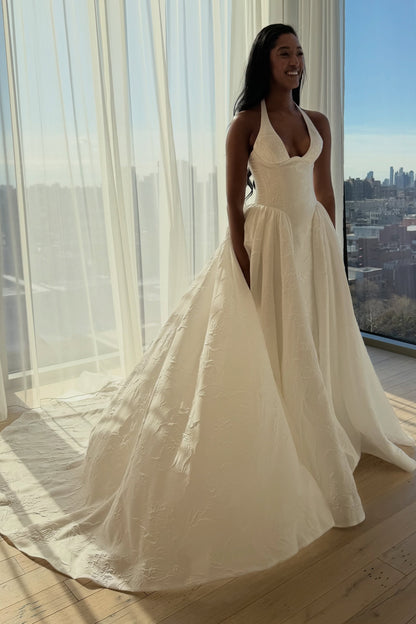 Floral Jacquard Halter Wedding Dress with Train