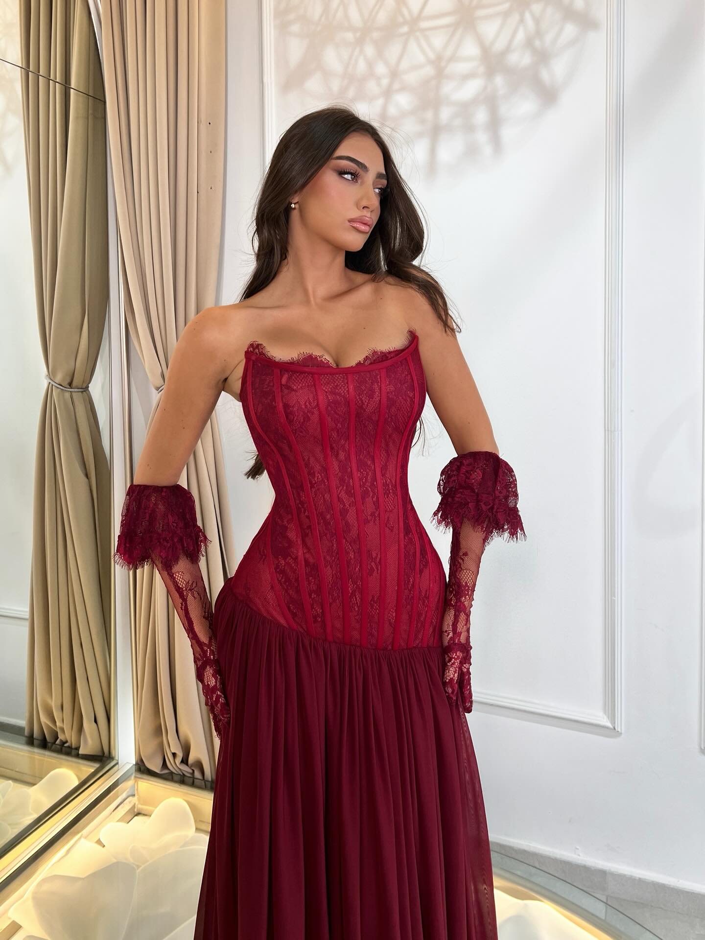Strapless Corset Lace and Tulle Evening Gown