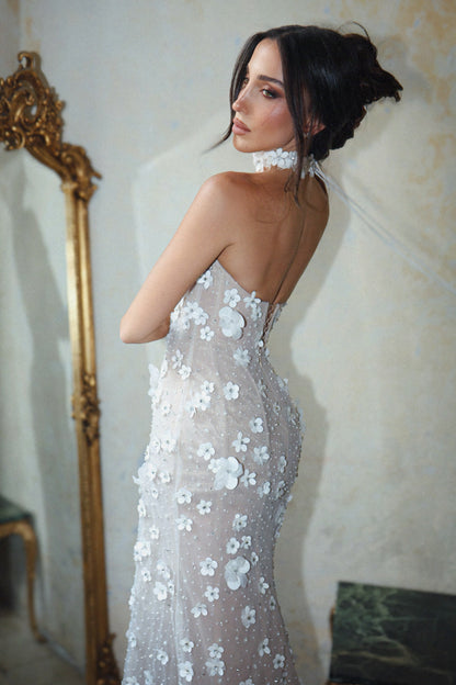 Asymmetrical 3D Floral Corset Wedding Dress