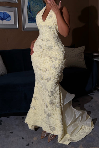 Embroidered Halter Mermaid Gown with Tiered Ruffle Train