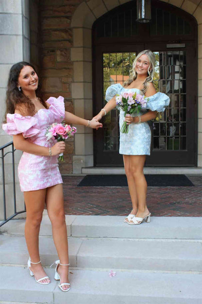 Strapless Jacquard Mini Dress with Puff Sleeves