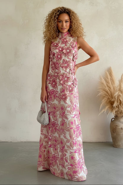 High Neck Jacquard Maxi Dress with 3D Flowers
