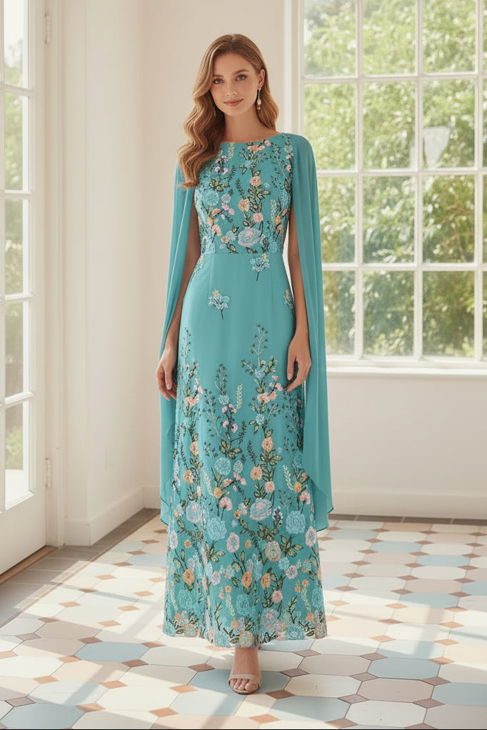 Floral Embroidered Cape Sleeve Maxi Dress
