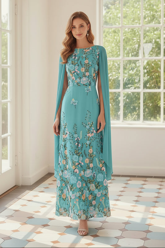 Floral Embroidered Cape Sleeve Maxi Dress