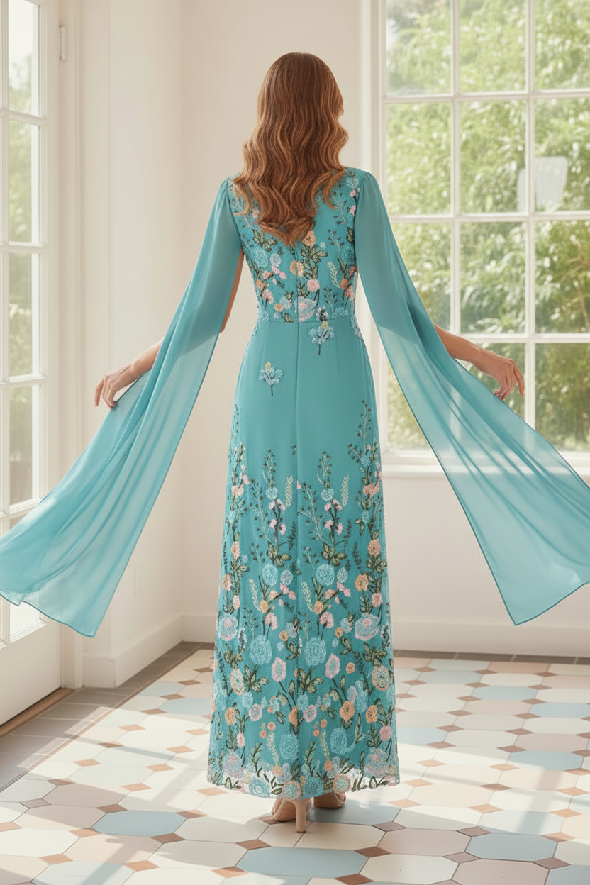 Floral Embroidered Cape Sleeve Maxi Dress