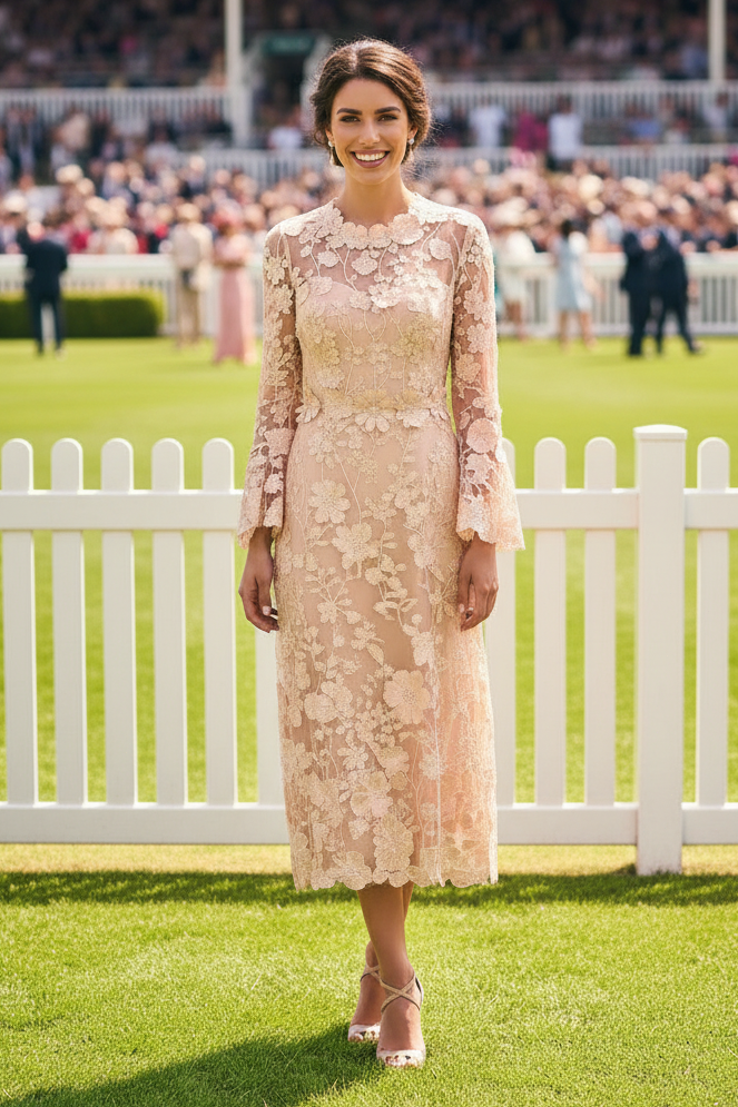 Floral Lace Long Sleeve Tea-Length Dress