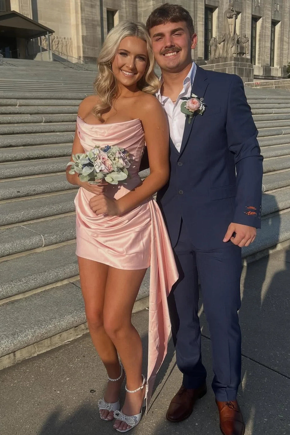 Strapless Cowl Neck Satin Mini Dress with Side Train