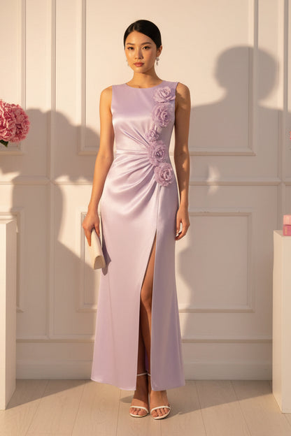Satin Ruched Evening Gown with 3D Flowers