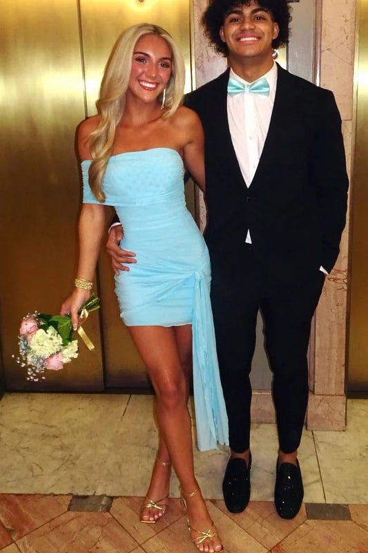 Ruched Off-the-Shoulder Bodycon Mini Dress with Sash