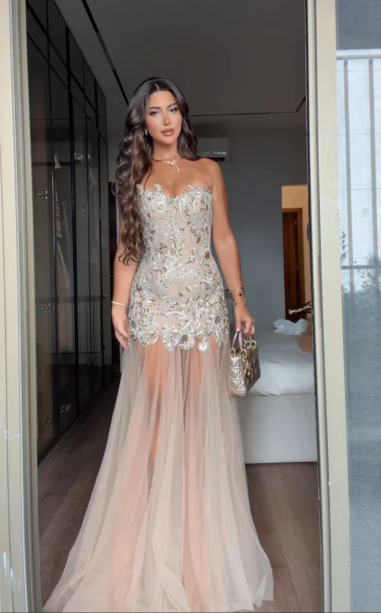 Strapless Embellished Gown with Sheer Tulle Skirt