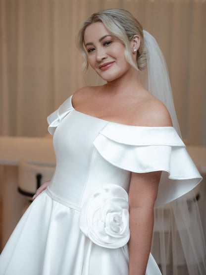 Off-Shoulder Satin A-Line Wedding Dress with 3D Flower