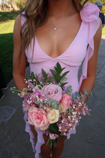 Asymmetrical Ruffle Mini Dress with 3D Flower