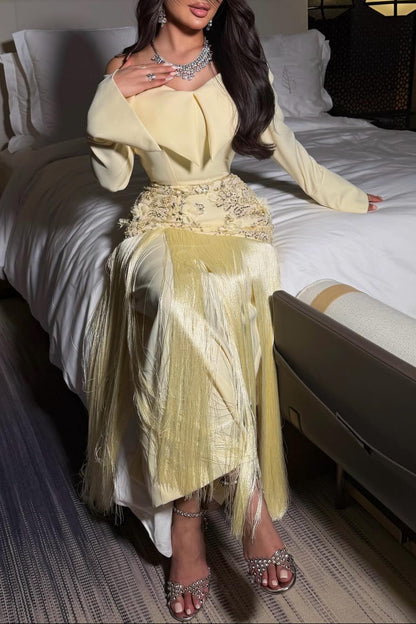 Off-The-Shoulder Embroidered Fringe Maxi Dress