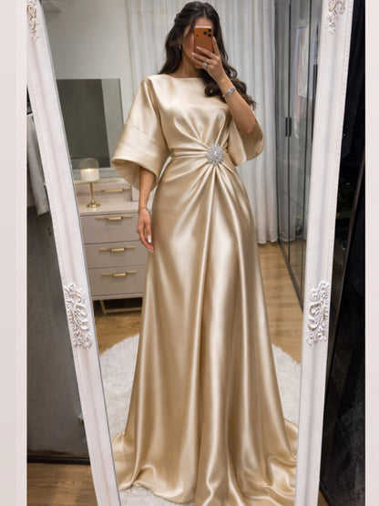 Satin Bateau Neck Gown with Bell Sleeves