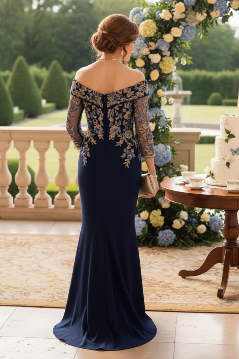 Off Shoulder Floral Embroidered Evening Gown