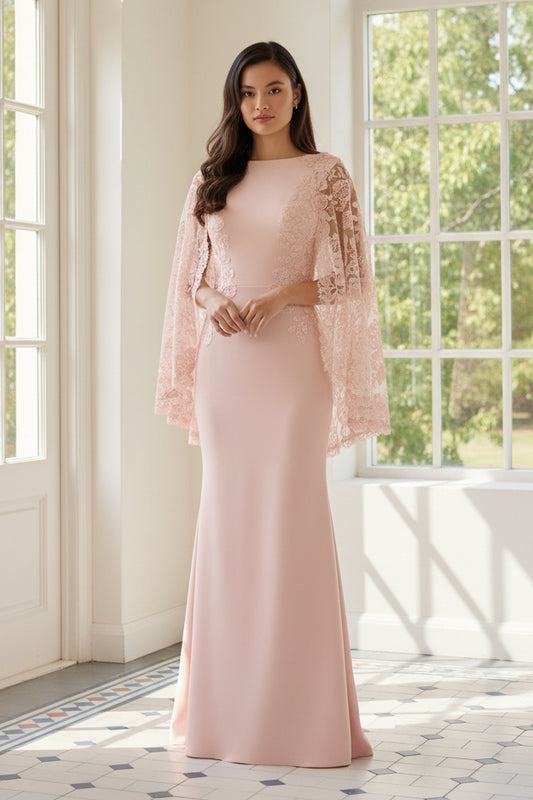 Elegant Sheath Gown with Embroidered Lace Cape