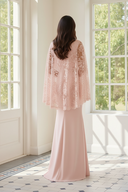 Elegant Sheath Gown with Embroidered Lace Cape