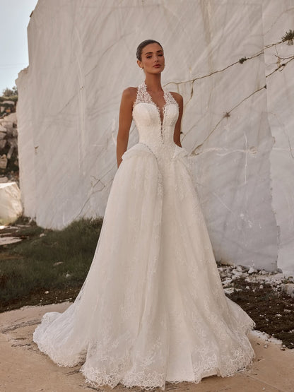Lace Halter Ball Gown Wedding Dress with Basqued Hip