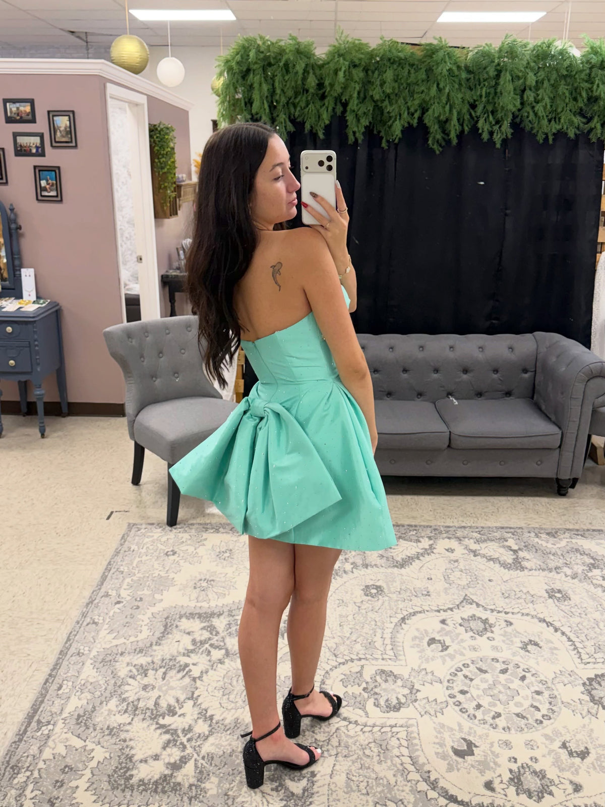 Strapless Rhinestone Bubble Mini Dress with Back Bow