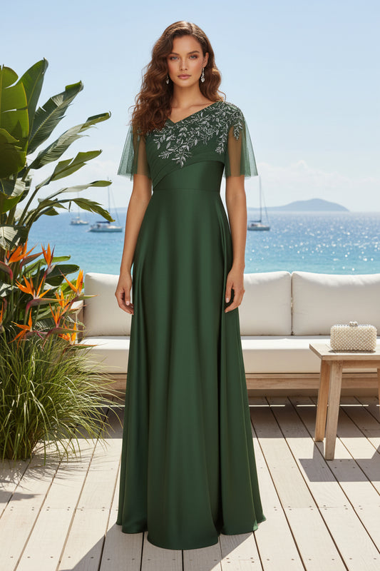 A-Line Satin Evening Gown with Beaded Illusion Bodice